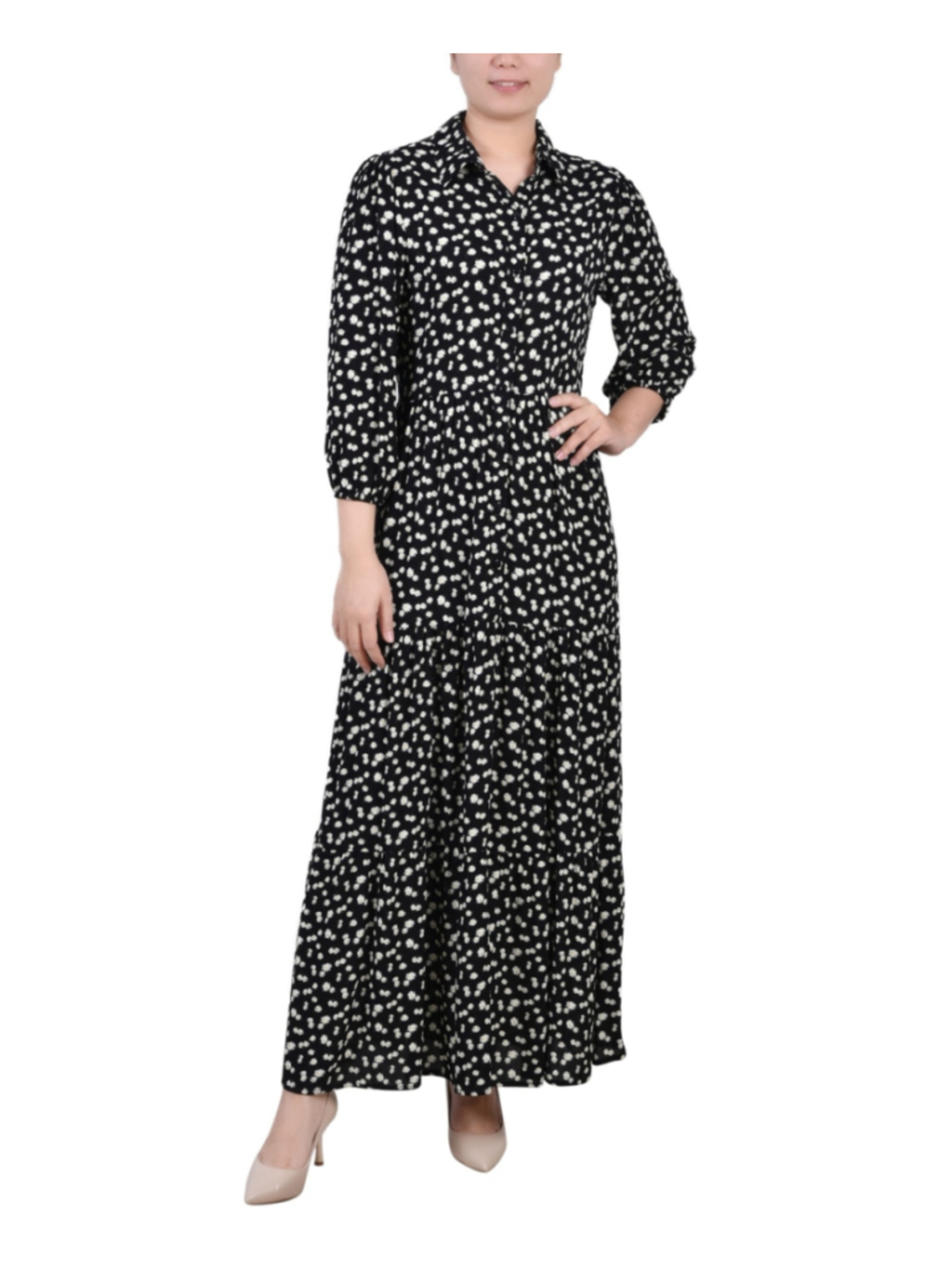 NY Collection Women's Medium Petite Black Floral Tiered Maxi Shirt Dress NWT
